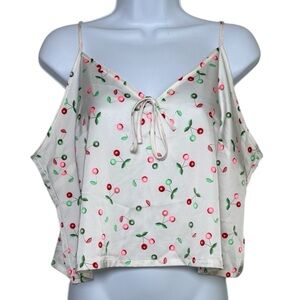 Colsie Cherry Print Satin Camisole Top XL White Tie Front Adjustable Straps